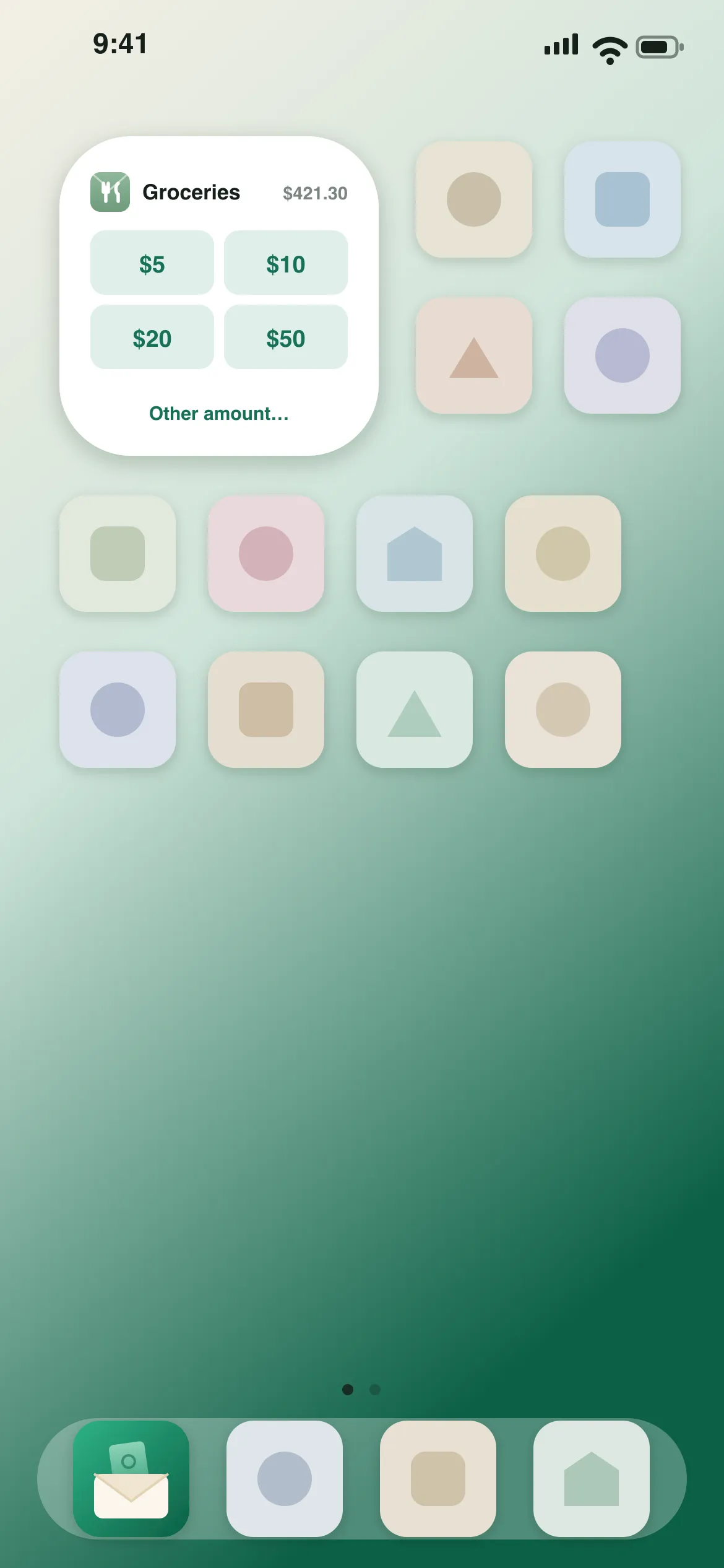 The Tuckaway home-screen widget with one-tap amount buttons for an envelope